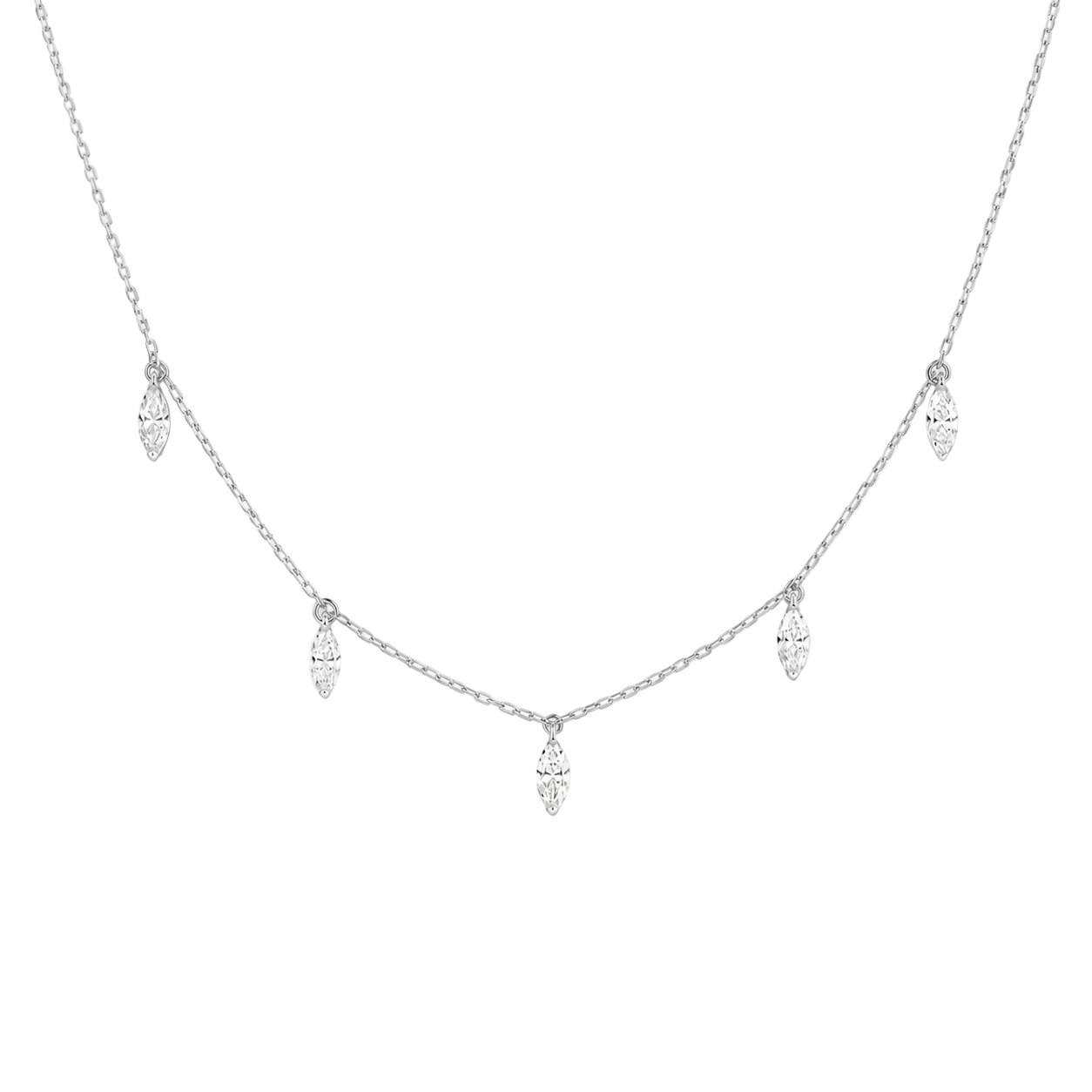 Delicate silver necklace with small diamonds on a white background
