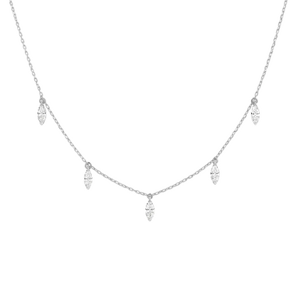 Delicate silver necklace with small diamonds on a white background