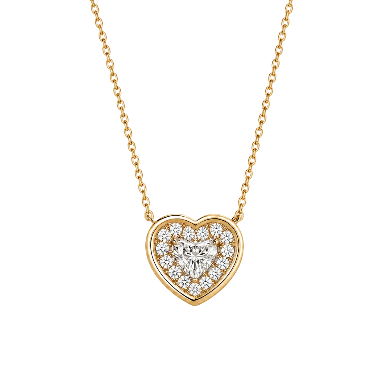 Heart-shaped diamond pendant on a gold chain against a white background